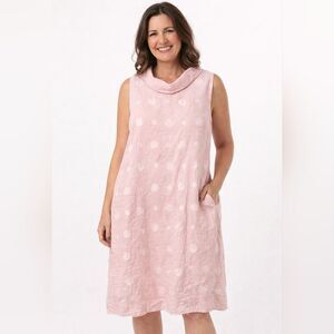 Italian Erika Linen Pink Polka Dot Midi Dress 2X Sleeveless Lagenlook Pockets